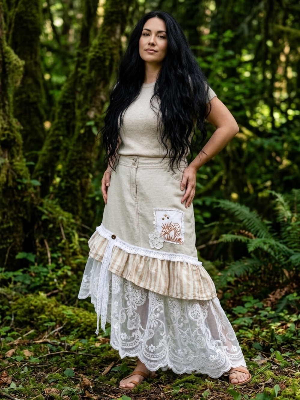 Upcycled Linen Blend Woodland Fairy Cream Maxi Skirt Lace Ruffle Boho Large